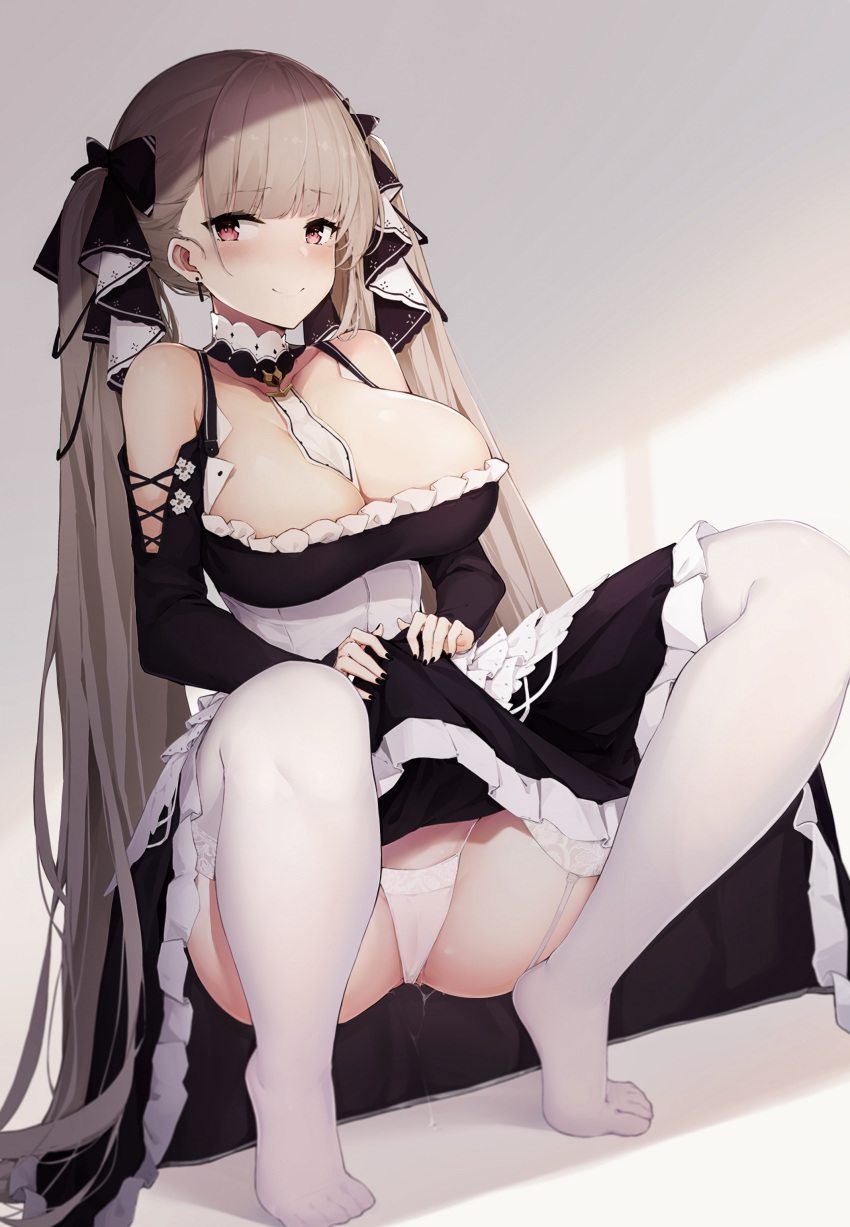 1girl absurdres alternate_legwear ass azur_lane bangs bare_shoulders between_breasts black_dress blush breasts cameltoe cleavage dress dress_lift earrings eyebrows_visible_through_hair formidable_(azur_lane) frilled_dress frills g-string garter_straps grey_hair hair_ribbon highleg highleg_panties highres jewelry jun.bit lace lace-trimmed_legwear lace-trimmed_panties large_breasts lifted_by_self long_hair long_sleeves looking_at_viewer no_shoes panties pussy_juice pussy_juice_drip_through_clothes red_eyes ribbon solo squatting string_panties thighhighs thong twintails two-tone_dress two-tone_ribbon underwear very_long_hair white_legwear white_panties