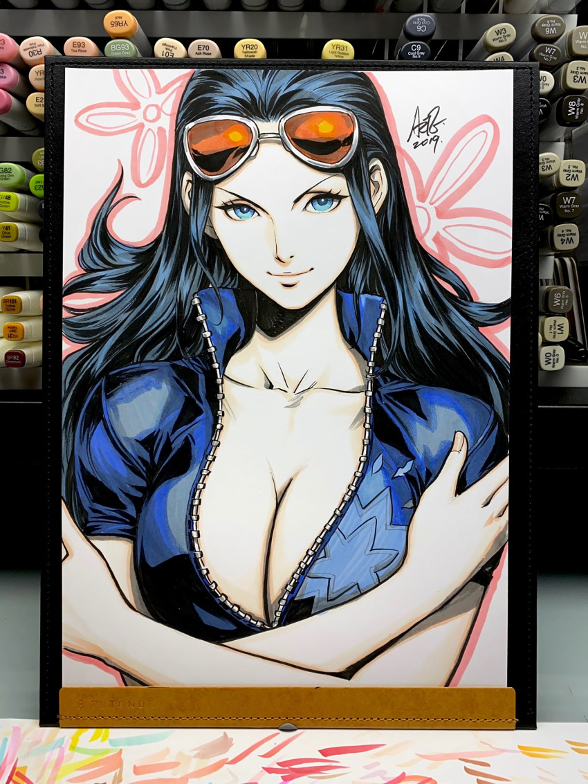 1girl black_hair blue_eyes blue_shirt breasts cleavage closed_mouth crossed_arms english_commentary eyewear_on_head hair_slicked_back high_collar highres large_breasts long_hair looking_at_viewer marker_(medium) nico_robin one_piece open_clothes open_shirt shirt short_sleeves smile stanley_lau sunglasses traditional_media unzipped