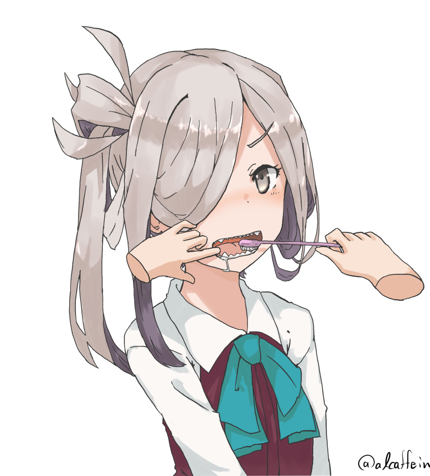 1girl absurdres alcaffein asashimo_(kantai_collection) brushing_another's_teeth brushing_teeth disembodied_hands drooling grey_eyes hair_over_one_eye highres kantai_collection looking_at_viewer open_mouth sharp_teeth silver_hair teeth toothbrush twitter_username