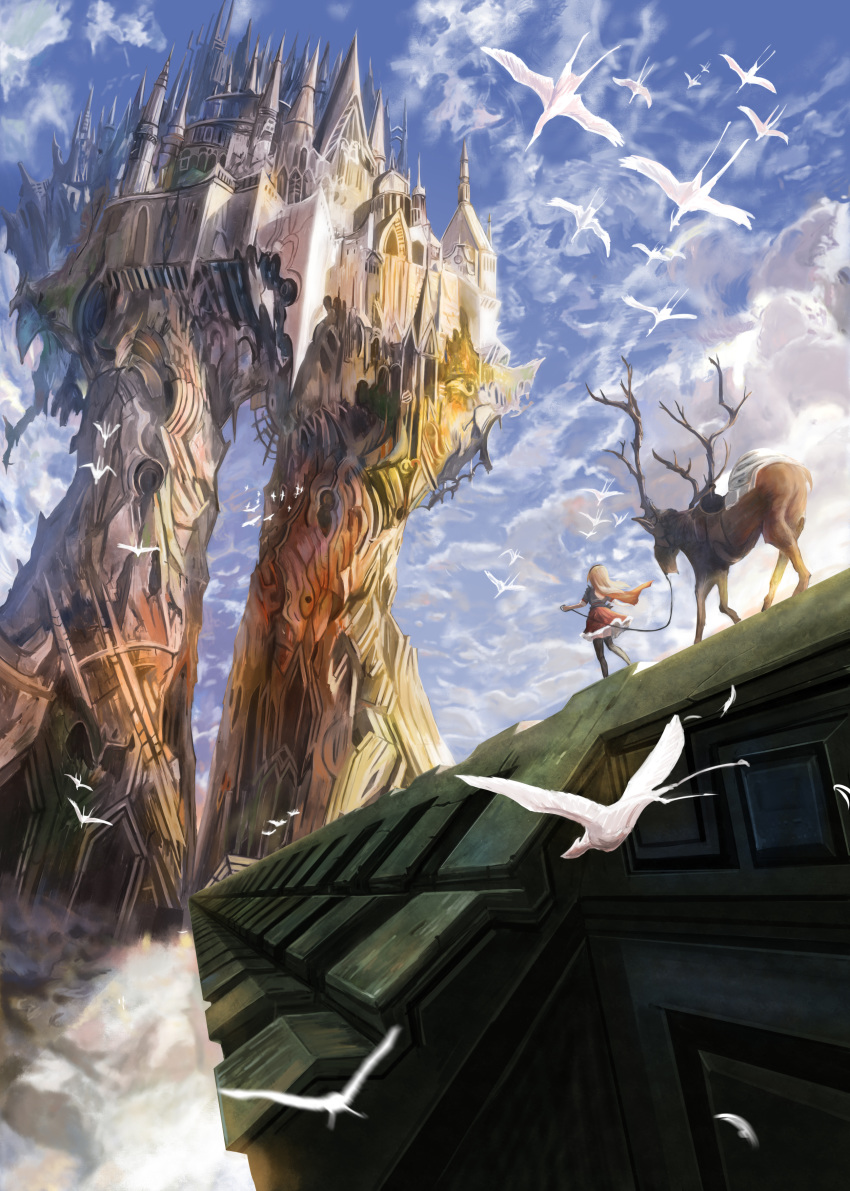 1girl absurdres animal antlers bird black_legwear black_shirt blonde_hair blue_sky building cape castle cloud cloudy_sky commentary_request day derivative_work facing_away fantasy floating_hair flock highres long_hair original outdoors red_scarf red_skirt reins saddle scarf scenery shirt short_sleeves skirt sky solo taka_(takahirokun) thighhighs wide_shot