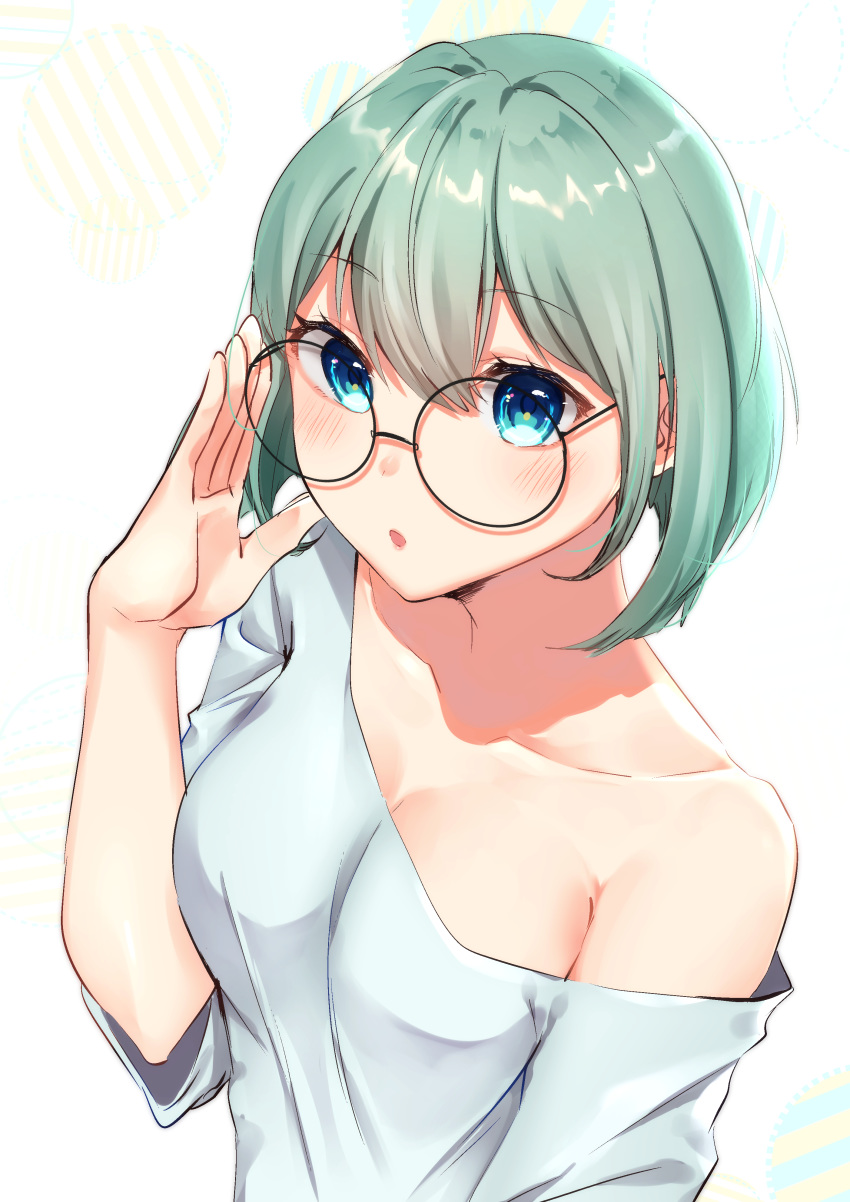 1girl :o absurdres aika_(1019-akari) arm_at_side bangs bare_shoulders blue_eyes blush breasts cleavage collarbone commentary_request eyebrows_visible_through_hair eyelashes glasses green_hair hair_between_eyes hair_intakes hand_up highres long_sleeves looking_at_viewer medium_breasts off_shoulder open_mouth original rimless_eyewear round_eyewear short_hair solo upper_body
