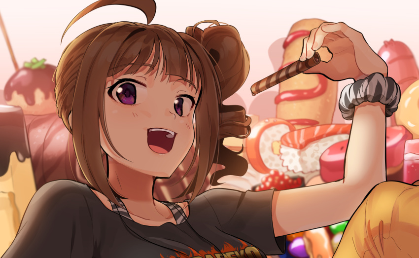 1girl :d arm_up bangs black_shirt blunt_bangs blurry brown_hair cake candy caviar chocolate_bar close-up clothes_writing corndog depth_of_field drill_hair eyebrows_visible_through_hair fingernails food holding holding_food idolmaster idolmaster_million_live! kamille_(vcx68) knee_up layered_clothing leaning_back looking_at_viewer medium_hair open_mouth pants pastry pudding purple_eyes sausage scrunchie shirt side_ponytail sidelocks smile solo striped_tank_top sushi swiss_roll tank_top teeth upper_body wafer_stick white_background wrist_scrunchie yellow_pants yokoyama_nao