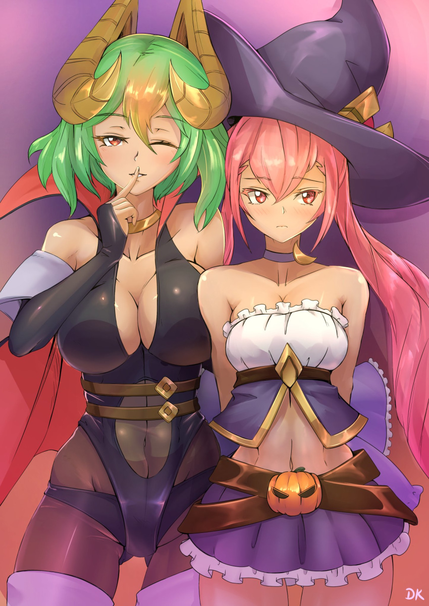 2girls breasts choker cleavage closed_mouth commission commissioner_upload dark_skin deekei fire_emblem fire_emblem_heroes gradient_hair green_hair halloween_costume hat highres laegjarn_(fire_emblem) laevatein_(fire_emblem) large_breasts long_hair multicolored_hair multiple_girls navel one_eye_closed orange_hair pink_hair red_eyes short_hair siblings sisters skirt witch_hat