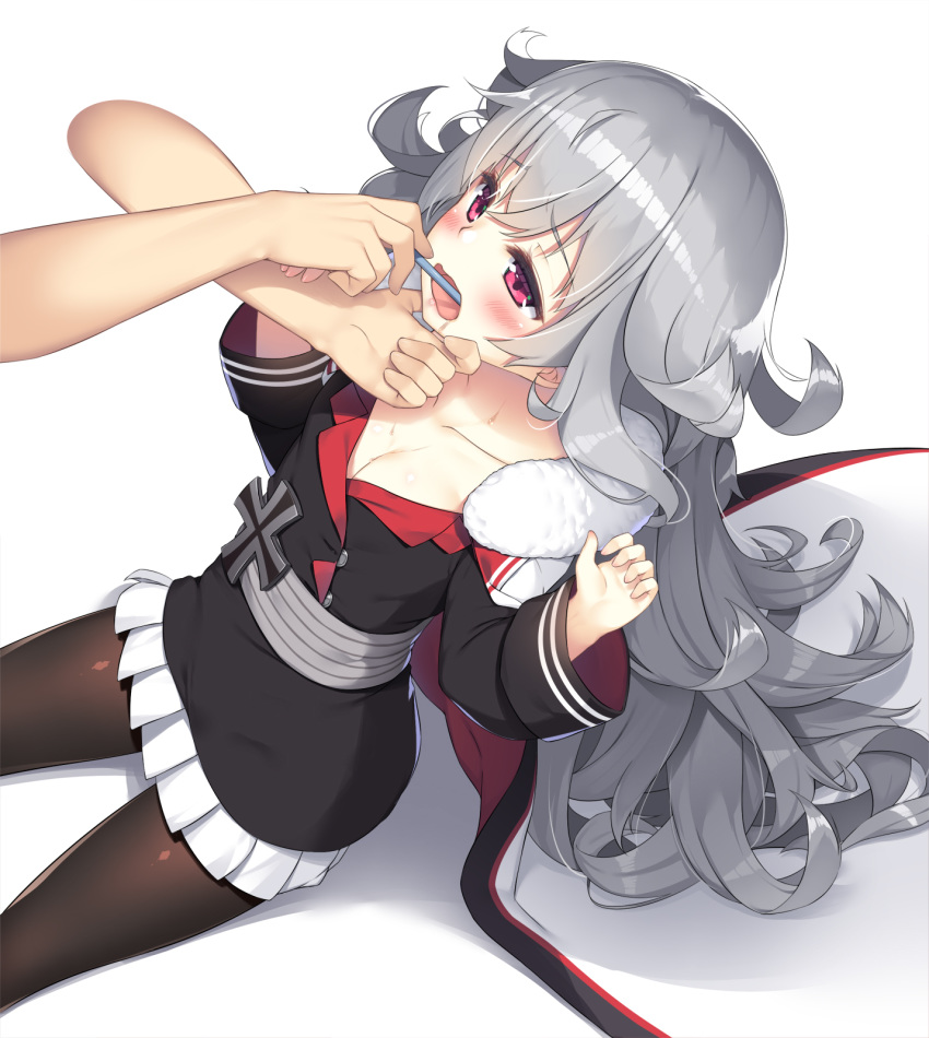 1girl azur_lane bangs black_jacket blush breasts brushing_another's_teeth brushing_teeth cape collarbone cross fur-trimmed_cape fur_trim graf_zeppelin_(azur_lane) hair_between_eyes highres jacket long_hair messy_hair multicolored multicolored_cape multicolored_clothes olive_(laai) open_mouth out_of_frame pantyhose pleated_skirt red_cape red_eyes shadow silver_hair simple_background skirt small_breasts solo_focus sweat toothbrush white_cape white_skirt zeppelin-chan_(azur_lane)