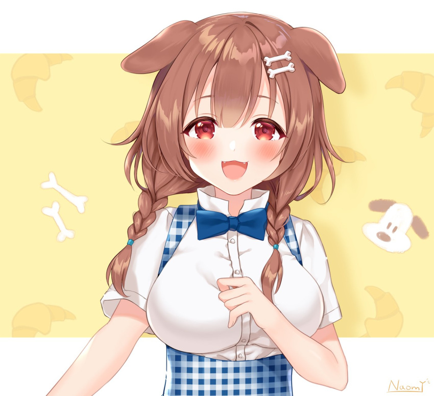 1girl :3 alternate_costume animal_ears apron arm_at_side bangs blue_apron blue_bow blue_neckwear blunt_bangs blush bone bone_hair_ornament bow bowtie braid bread breasts brown_hair buttons clenched_hand croissant dog dog_ears dog_girl fangs food hair_between_eyes hair_over_shoulder hair_tie hand_on_own_chest happy highres hololive inugami_korone koubeya_uniform large_breasts letterboxed long_hair looking_at_viewer low_twin_braids naomi_(fantasia) open_mouth orange_background outside_border parted_bangs plaid plaid_apron red_eyes shadow shiny shiny_hair shirt short_sleeves signature smile solo turtleneck twin_braids underbust upper_body virtual_youtuber waitress white_shirt