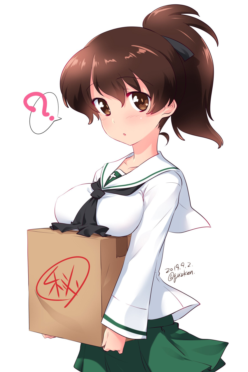 1girl :o ? absurdres bangs black_neckwear black_ribbon blouse box breast_rest breasts brown_eyes brown_hair cardboard_box commentary dated eyebrows_visible_through_hair girls_und_panzer green_skirt hair_ribbon highres holding holding_box koyama_yuzu kuzuryuu_kennosuke light_blush long_sleeves looking_at_viewer medium_hair miniskirt neckerchief ooarai_school_uniform parted_lips pleated_skirt ribbon school_uniform serafuku short_ponytail simple_background skirt solo spoken_question_mark standing translated twitter_username white_background white_blouse