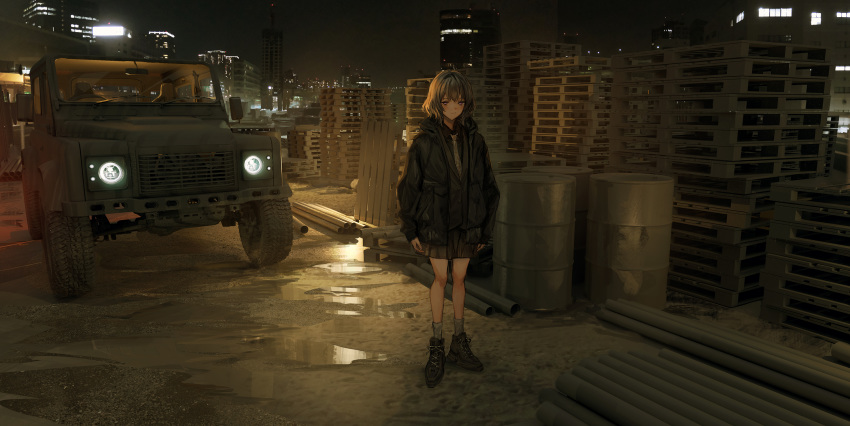 1girl baggy_clothes bangs barrel black_footwear black_jacket black_skirt boots building car cityscape commentary construction_site grey_hair ground_vehicle highres hood hood_down hooded_jacket jacket lavender_quartz lm7_(op-center) looking_at_viewer miniskirt motor_vehicle necktie night outdoors pallet puddle purple_eyes short_hair skirt sky skyscraper solo standing white_legwear