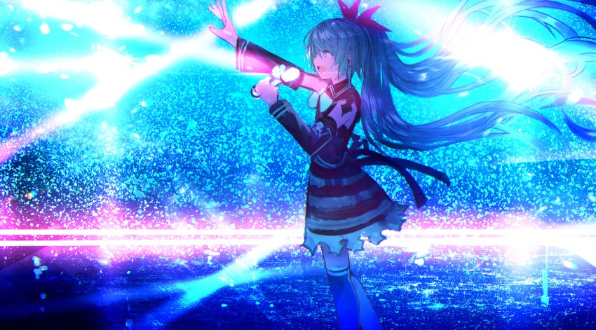 1girl :d bangs black_dress black_sleeves blue_eyes blue_hair blue_legwear commentary detached_sleeves dress eyebrows_visible_through_hair from_side glowing hair_between_eyes hair_ornament hatsune_miku holding holding_microphone long_hair long_sleeves looking_away microphone open_mouth outstretched_arm profile single_thighhigh sleeveless sleeveless_dress smile solo standing tarbo_(exxxpiation) thighhighs twintails very_long_hair vocaloid wide_sleeves