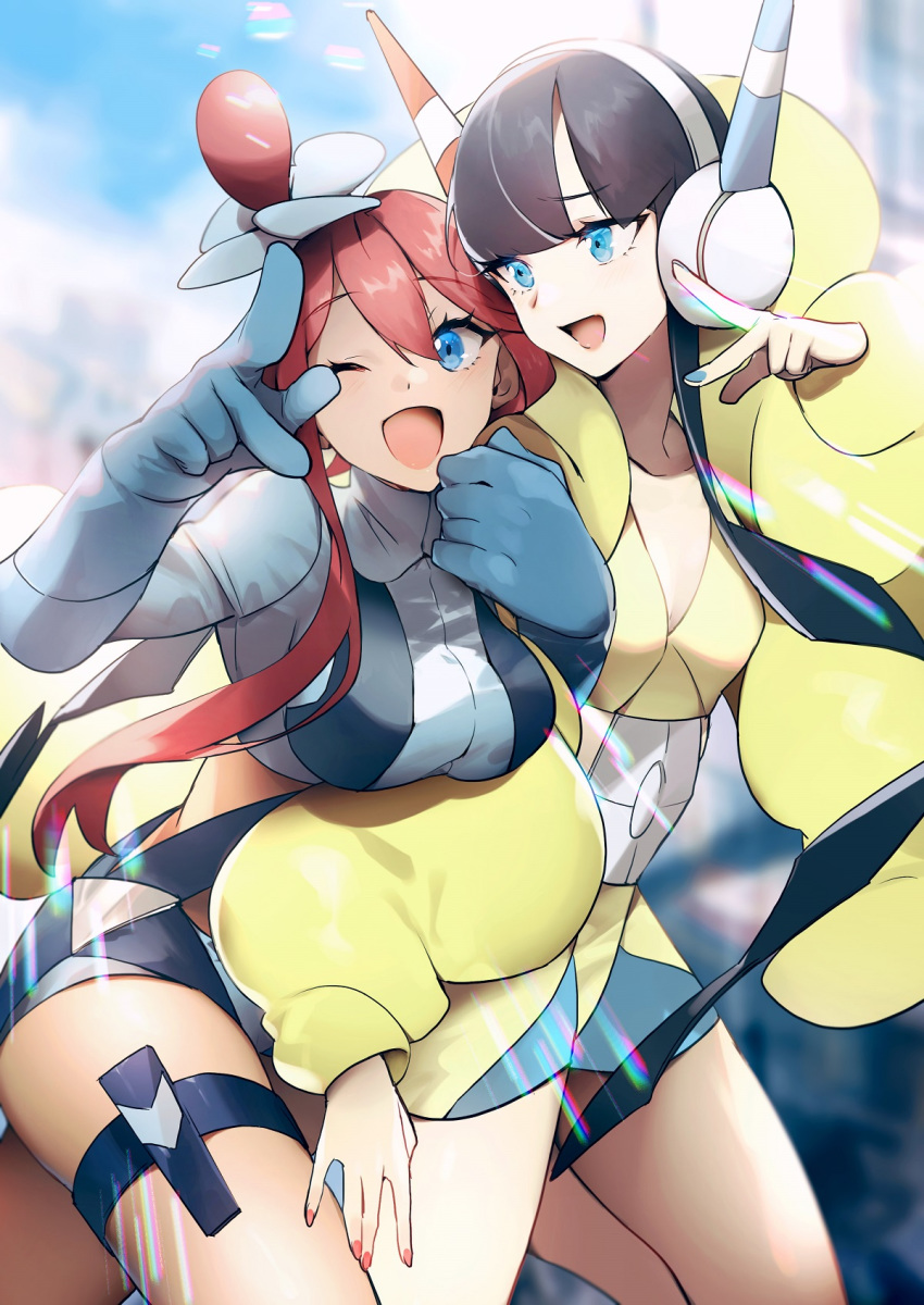 2girls :d ;d arm_at_side bangs black_hair blue_eyes blunt_bangs commentary_request crop_top cropped_jacket day eyebrows_visible_through_hair fingernails furrowed_eyebrows fuuro_(pokemon) gloves gym_leader hand_up headphones highres jacket kamitsure_(pokemon) locked_arms long_sleeves looking_at_another looking_at_viewer midriff multiple_girls nail_polish no-kan one_eye_closed open_mouth outdoors parted_bangs pokemon pokemon_(game) pokemon_bw pokemon_bw2 red_hair shorts sidelocks smile suspenders