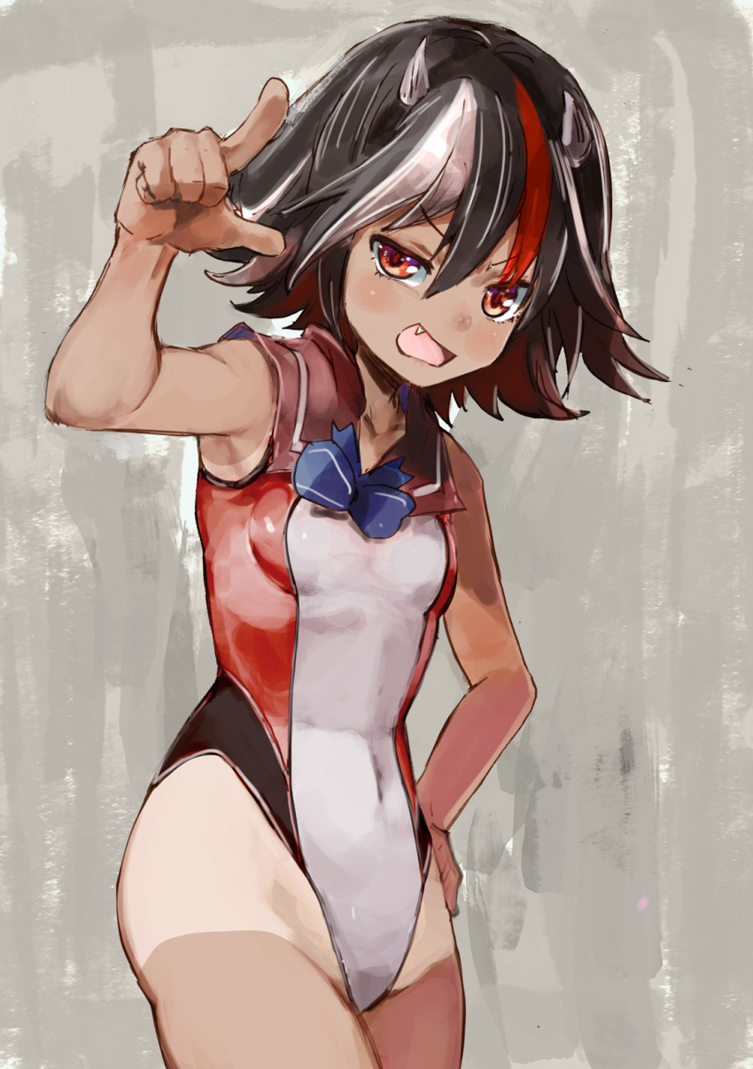 1girl armpit_peek ass black_hair blue_bow blue_neckwear bow breasts brown_hair brown_sailor_collar brown_swimsuit commentary_request covered_navel cowboy_shot eyebrows_visible_through_hair fang hair_between_eyes hand_on_hip highleg highleg_swimsuit highres horns kijin_seija looking_at_viewer multicolored multicolored_clothes multicolored_hair multicolored_swimsuit one-piece_swimsuit open_mouth pointing red_eyes red_hair red_sailor_collar red_swimsuit sailor_collar sailor_one-piece_swimsuit short_hair small_breasts smile smug solo streaked_hair swimsuit tan tanline touhou v-shaped_eyebrows white_hair white_swimsuit yohane