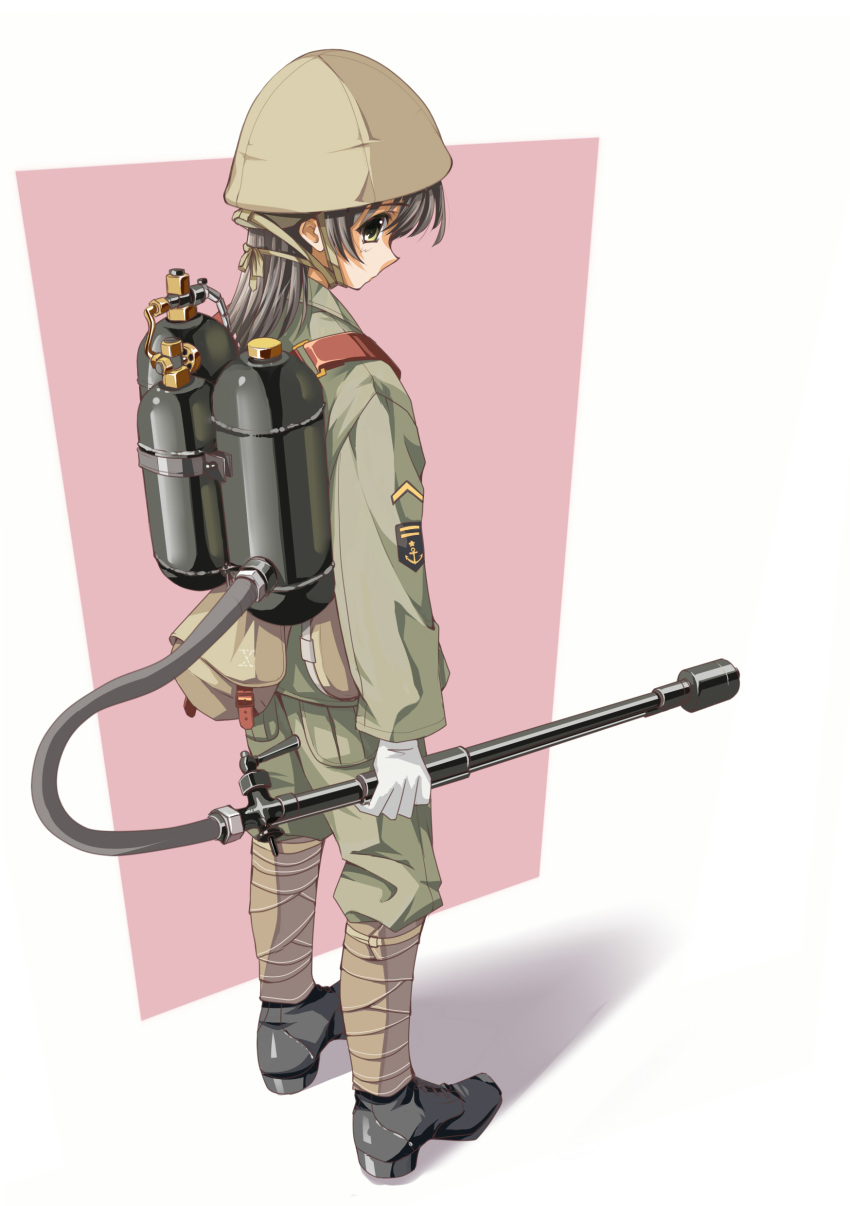 1girl absurdres ankle_boots black_hair boots flamethrower from_behind green_eyes helmet highres imperial_japanese_navy leg_wrap long_hair longmei_er_de_tuzi looking_at_viewer looking_back military military_uniform original shadow simple_background soldier solo uniform weapon world_war_ii
