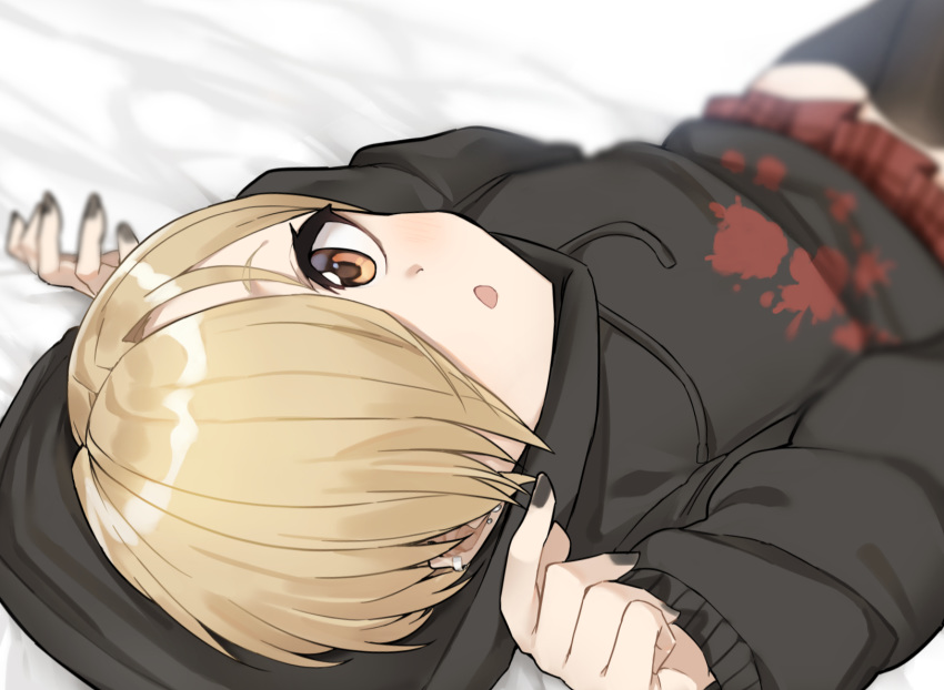 1girl :d applepie_(12711019) arms_at_sides bed_sheet black_hoodie black_nails blonde_hair blurry brown_eyes close-up depth_of_field earrings eyebrows_visible_through_hair eyelashes foreshortening hair_over_one_eye highres hood hood_up idolmaster idolmaster_cinderella_girls idolmaster_cinderella_girls_starlight_stage jewelry looking_at_viewer lying multiple_piercings nail_polish on_back open_mouth plaid plaid_skirt pleated_skirt red_skirt shirasaka_koume short_eyebrows short_hair skirt sleeves_past_wrists smile solo thighhighs zettai_ryouiki
