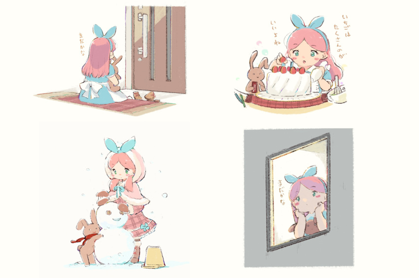 1girl :o alicia_(pop'n_music) apron back_bow baking blue_bow blue_dress blush_stickers boots boots_removed bow bowl brown_footwear brown_legwear bucket cake capelet cream door doormat doorway dress facing_away food from_outside fruit fur-trimmed_capelet fur-trimmed_hood fur_trim green_eyes hair_bow hair_over_shoulder hairband head_rest holding holding_food holding_stuffed_animal hood hood_up hooded_capelet indoors leoharju long_hair long_sleeves mittens multiple_views on_floor pantyhose pastry_bag pink_hair plaid plaid_dress pop'n_music red_scarf scarf short_sleeves simple_background sitting snow snowing snowman standing strawberry stuffed_animal stuffed_bunny stuffed_toy translation_request waiting whisk white_apron white_bow window winter winter_clothes
