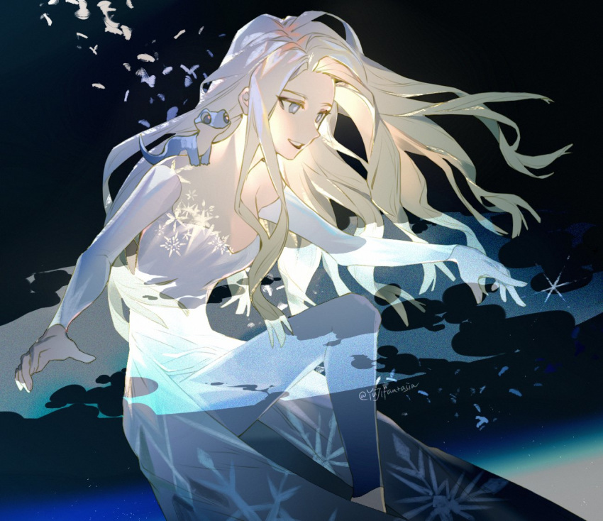 1girl artist_name bare_shoulders black_background dark_background elsa_(frozen) frozen_(disney) hair_down long_hair looking_to_the_side parted_lips silver_eyes silver_hair skirt smile snowflake_print snowflakes twitter_username upper_body yuji_(fantasia)