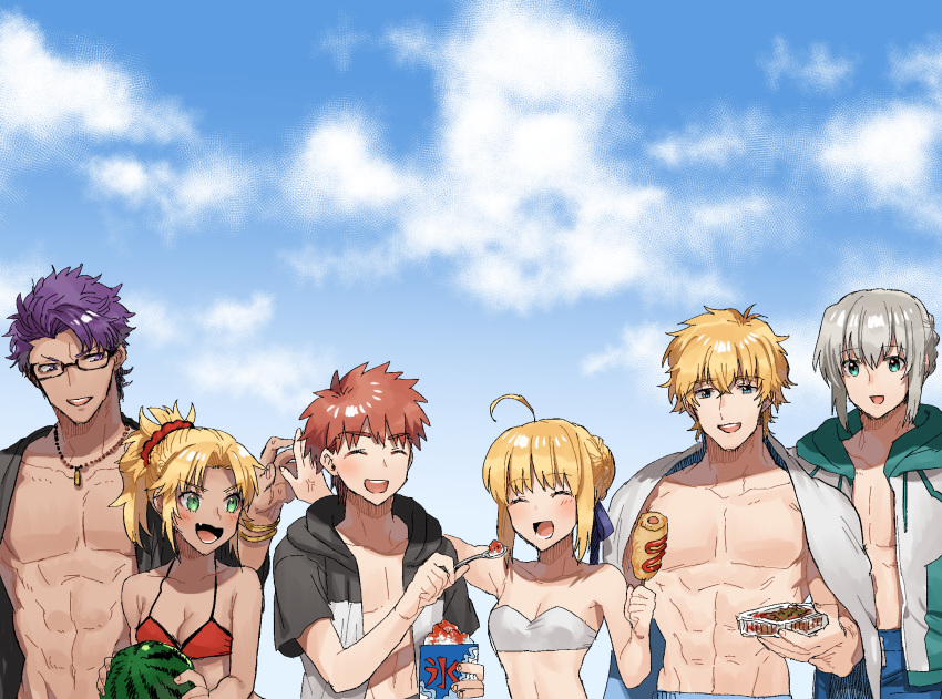 2girls 4boys artoria_pendragon_(all) artoria_pendragon_(swimsuit_archer) bedivere bikini blonde_hair blue_eyes closed_eyes commentary emiya_shirou eyebrows_visible_through_hair fate/apocrypha fate/extra fate/grand_order fate/stay_night fate_(series) gawain_(fate/extra) green_eyes grey_hair highres kmk knights_of_the_round_table_(fate) lancelot_(fate/grand_order) mordred_(fate) mordred_(fate)_(all) mordred_(swimsuit_rider)_(fate) multiple_boys multiple_girls prydwen purple_eyes purple_hair red_bikini red_hair red_scrunchie scrunchie short_hair swimsuit swimsuit_of_perpetual_summer