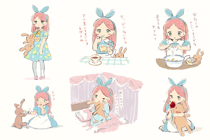 1girl ;o alicia_(pop'n_music) animal_bag apron bed biting blanket blue_bow blue_dress blush_stickers bow bowtie candy candy_apple canopy_bed clothes_grab cooking cracking_egg cup dress eating egg eggshell food food_on_face green_eyes hair_bow hairband holding holding_food holding_spoon holding_stuffed_animal leoharju long_hair looking_at_viewer looking_down multiple_views on_bed one_eye_closed pajamas pantyhose pillow pink_footwear pink_hair playing pop'n_music print_dress pudding reaching rubbing_eyes saucer shoes short_sleeves simple_background sitting spilling spoon standing strangling stuffed_animal stuffed_bunny stuffed_toy tablecloth tea teacup translation_request tube under_covers white_apron white_background white_legwear yellow_bow yellow_neckwear