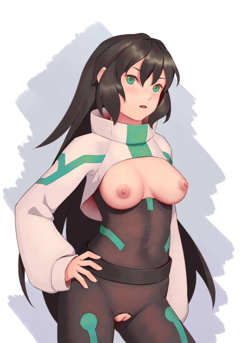 1girl absurdres arm_at_side bangs belt bigrbear black_bodysuit black_hair blush bodysuit breastless_clothes breasts breasts_outside cleft_of_venus cowboy_shot crotchless_clothes green_eyes gundam gundam_build_divers_re:rise hand_on_hip highres long_hair long_sleeves looking_at_viewer may_(gundam_build_divers_re:rise) nipples parted_lips pussy shrug_(clothing) solo two-tone_background uncensored wet wet_clothes