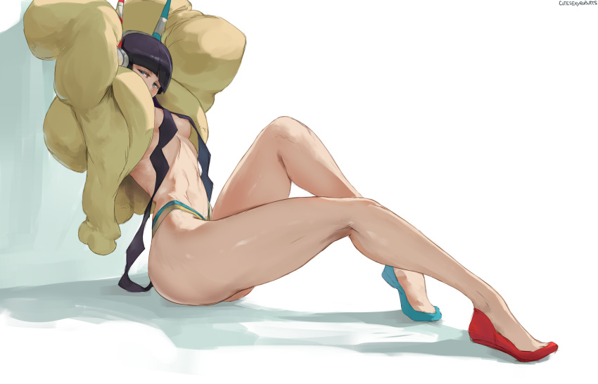 1girl absurdres arms_up black_hair blue_eyes breasts coat cutesexyrobutts from_behind gym_leader highres kamitsure_(pokemon) long_hair long_legs looking_at_viewer paid_reward patreon_reward pokemon pokemon_(game) pokemon_bw2 signature simple_background sitting small_breasts solo thick_thighs thighs thong twintails very_long_hair white_background