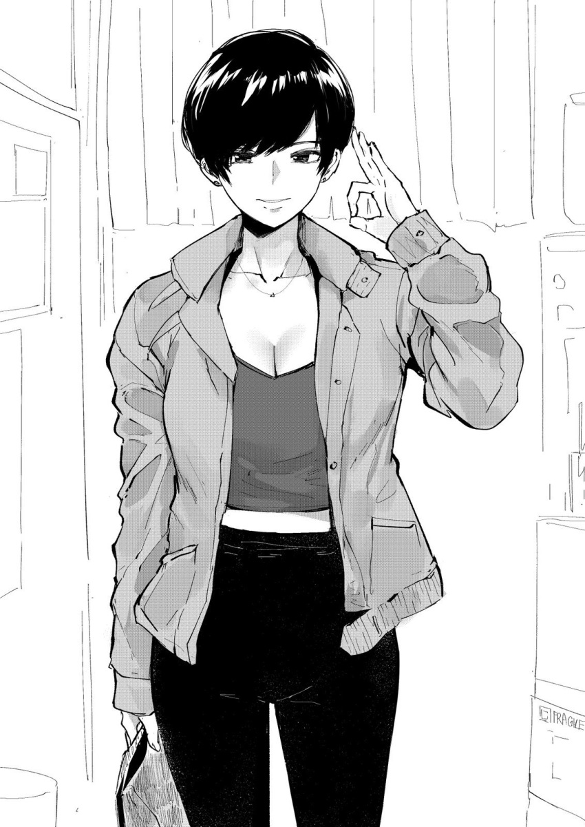 1girl bag bangs breasts casual commentary earrings english_commentary hand_gesture handbag highres jacket jewelry large_breasts midriff monochrome necklace norman_maggot ok_sign olive_laurentia open_clothes open_jacket original pants pixie_cut short_hair solo stud_earrings swept_bangs