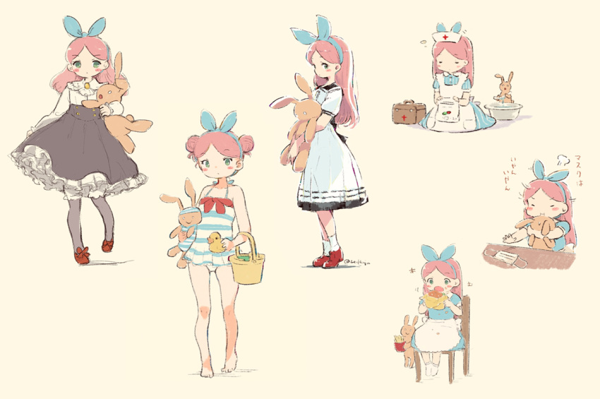 1girl :i alicia_(pop'n_music) apron barefoot basin beige_background black_legwear black_skirt bloomers blue_bow blue_dress blush_stickers bow brooch bucket chair closed_eyes double_bun dress eating first_aid_kit food food_on_face fume green_eyes hair_bow hairband halterneck hat high-waist_skirt holding holding_food holding_stuffed_animal jewelry leoharju long_hair long_sleeves looking_at_viewer multiple_views no_shoes nurse_cap one-piece_swimsuit outstretched_arm pantyhose petticoat pink_hair pop'n_music pout reaching red_bow red_footwear rubber_duck shirt shoes short_sleeves simple_background sitting skirt socks standing striped striped_swimsuit stuffed_animal stuffed_bunny stuffed_toy sweat swimsuit towel underwear vertical-striped_dress vertical_stripes waist_apron washbowl water white_dress white_legwear white_shirt