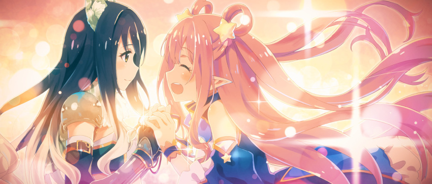 2girls animal_ear_fluff animal_ears backlighting blush brown_eyes cat_ears closed_eyes detached_sleeves hair_ornament hands_up happy highres holding_hands kashiwazaki_hatsune kashiwazaki_shiori lens_flare multiple_girls open_mouth pink_hair pointy_ears princess_connect! princess_connect!_re:dive profile shoulder_armor smile spaulders star star_hair_ornament upper_body wristband yuuki_tatsuya