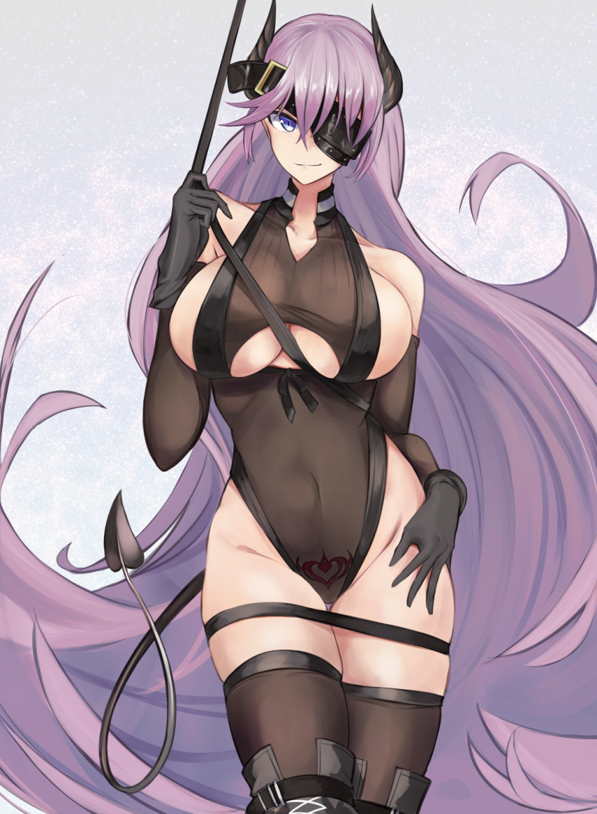 1girl azur_lane bangs bare_shoulders black_footwear black_gloves black_legwear black_leotard blue_eyes boots breasts cleavage closed_mouth collarbone commentary_request cosplay covered_navel demon_horns demon_tail elbow_gloves eyepatch floating_hair gloves gneisenau_(azur_lane) gneisenau_(azur_lane)_(cosplay) gneisenau_(nightmarish_succubus)_(azur_lane) hair_between_eyes halloween_costume head_tilt highres horns large_breasts leotard long_hair looking_at_viewer marshall2033 pubic_tattoo purple_hair scharnhorst_(azur_lane) see-through skindentation smile solo standing tail tattoo thigh_boots thighhighs underboob underboob_cutout very_long_hair