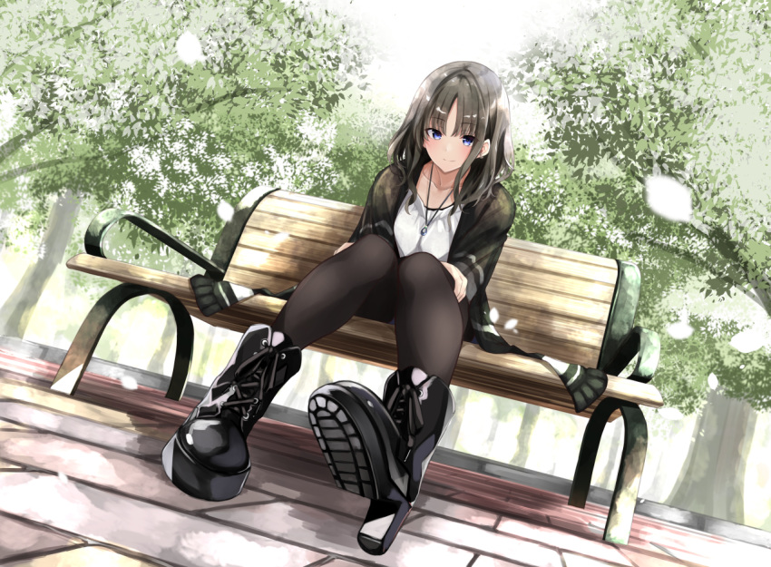 1girl bangs bench black_sweater blue_eyes blush boots brick_floor closed_mouth commentary_request eyebrows_visible_through_hair from_below fuu_(fuore) high_heel_boots high_heels jewelry leaf looking_at_viewer medium_hair necklace original pantyhose park park_bench parted_bangs shirt silver_hair sitting smile sweater tree white_shirt