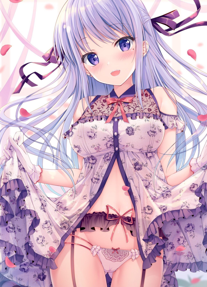 1girl aqua_hair ass_visible_through_thighs babydoll bangs blush bow bow_panties breasts buttons cameltoe clothes_lift commentary_request cowboy_shot eyebrows_visible_through_hair flashing frilled_panties frills garter_straps gloves gradient gradient_hair hair_ribbon half_updo highres lavender_hair lifted_by_self long_hair looking_at_viewer medium_breasts mole mole_under_eye multi-strapped_panties multicolored_hair navel neck_ribbon original panties petals purple_babydoll purple_eyes purple_hair purple_panties purple_ribbon red_bow red_neckwear ribbon sidelocks solo sousouman standing stomach underwear upper_teeth white_gloves