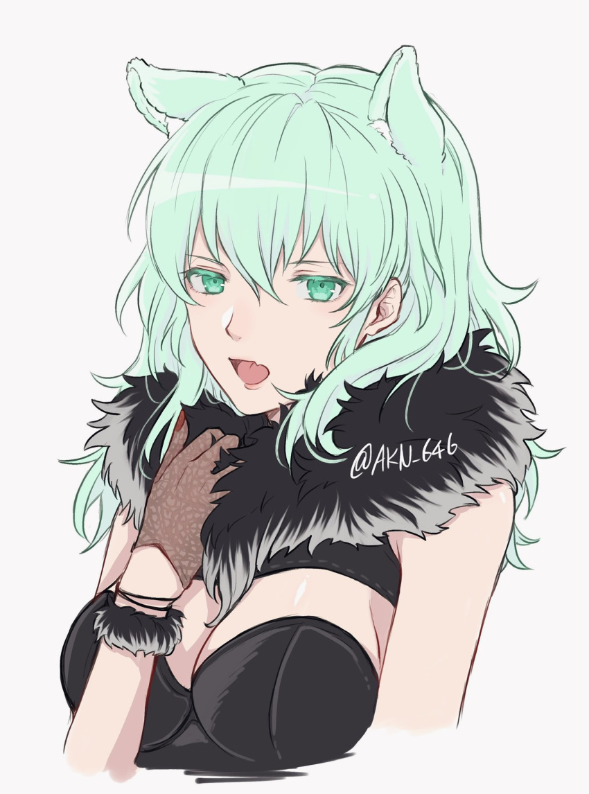 1girl akina_(akn_646) alternate_costume animal_ears breasts byleth_(fire_emblem) byleth_(fire_emblem)_(female) cleavage fire_emblem fire_emblem:_three_houses green_eyes green_hair highres medium_hair nail_polish open_mouth simple_background solo twitter_username upper_body white_background