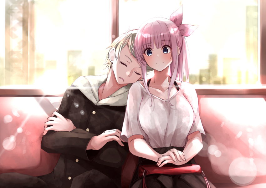 1boy 1girl bag bangs black_skirt blue_eyes blurry blurry_background busujima_eiji closed_eyes crossed_arms day fuu_(fuore) gakuran handbag hands_together highres lens_flare long_hair ootsuki_koto pink_hair school_uniform senryuu_shoujo shirt short_sleeves sitting skirt sleeping sleeping_upright train_interior white_shirt