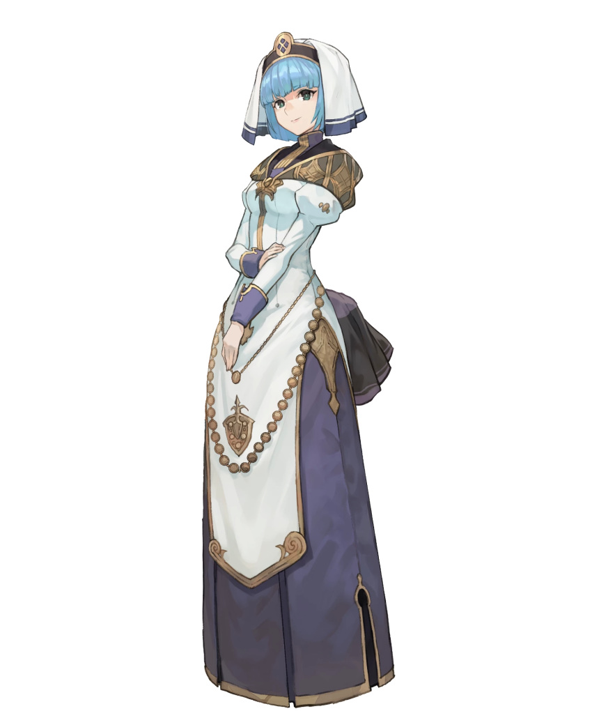 1girl bangs blonde_hair breasts closed_mouth detached_sleeves dress fire_emblem fire_emblem_echoes:_shadows_of_valentia fire_emblem_heroes full_body green_eyes habit highres lack lips long_dress long_sleeves medium_breasts official_art puffy_sleeves short_hair silque_(fire_emblem) solo standing transparent_background turtleneck white_dress