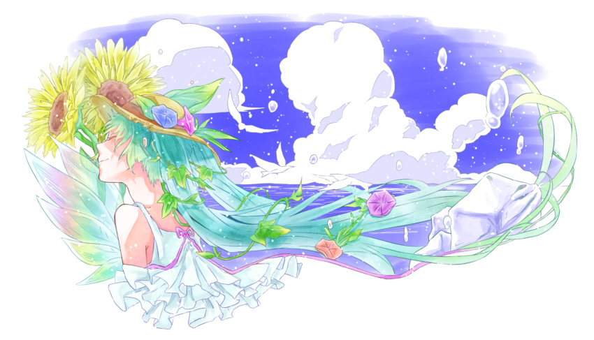 1girl absurdres aqua_hair bird blue_sky closed_eyes cloud commentary dress flower frilled_dress frills from_side hair_flower hair_ornament hat hat_flower hatsune_miku highres ice ice_cube leaf long_hair morning_glory ocean plant ritsuka_mash sky smile solo spaghetti_strap straw_hat summer sunflower twintails upper_body very_long_hair vines vocaloid water_drop white_bird white_dress wings