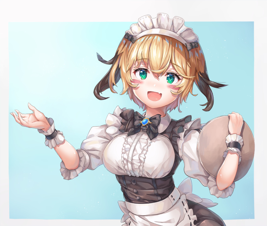 1girl :d apron blonde_hair blush_stickers bow bowtie breasts fang fate/grand_order fate_(series) gareth_(fate/grand_order) green_eyes jiang_shennong maid maid_apron maid_headdress medium_breasts open_mouth smile tray wrist_cuffs