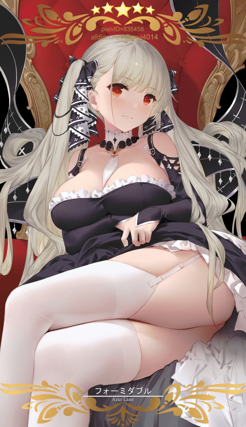 1girl artist_name azur_lane bangs bare_shoulders between_breasts black_dress blush breasts cleavage dress dress_lift earrings eyebrows_visible_through_hair flight_deck formidable_(azur_lane) frilled_dress frills garter_straps grey_hair hair_ribbon highres jewelry large_breasts long_hair long_sleeves looking_at_viewer pixiv_id red_eyes ribbon rigging sitting solo thighhighs twintails two-tone_dress two-tone_ribbon very_long_hair white_legwear yijian_ma