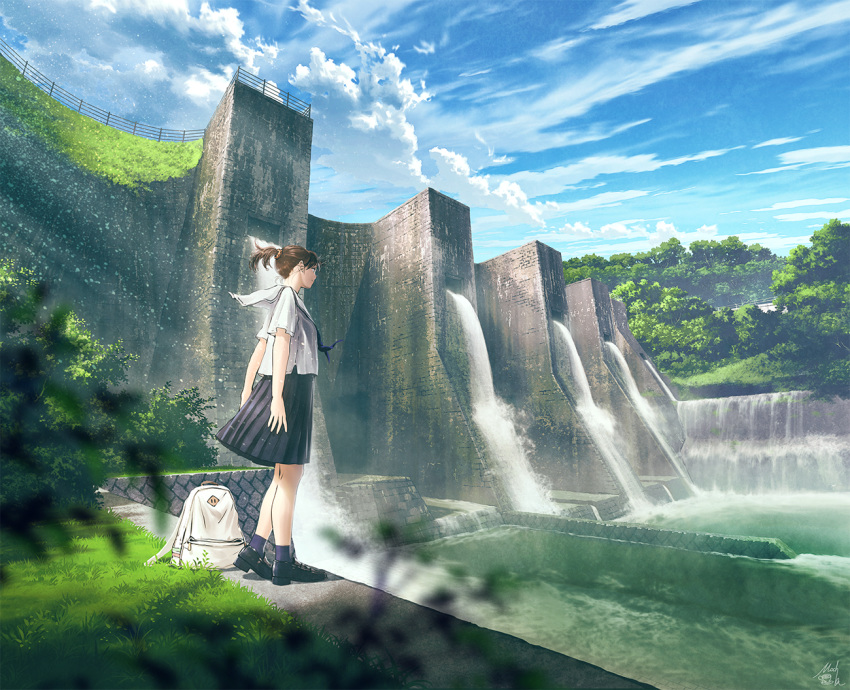 1girl arms_at_sides backpack backpack_removed bag black_footwear black_skirt blue_sky blurry blurry_foreground brown_hair canal cloud cloudy_sky commentary_request dam day depth_of_field from_side grass loafers long_hair looking_away mocha_(cotton) neckerchief original outdoors pleated_skirt ponytail scenery school_uniform serafuku shirt shoes short_ponytail short_sleeves signature skirt sky socks solo standing sunlight tree water white_shirt wide_shot wind