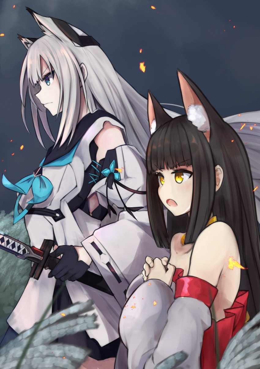 2girls animal_ear_fluff animal_ears azur_lane bangs black_gloves black_sailor_collar blue_eyes blue_neckwear blunt_bangs detached_sleeves eyebrows_visible_through_hair fox_ears gloves half_gloves highres hime_cut holding holding_sword holding_weapon katana kawakaze_(azur_lane) long_hair marshall2033 multiple_girls nagato_(azur_lane) neckerchief open_mouth sailor_collar sheath silver_hair sword weapon wide_sleeves yellow_eyes