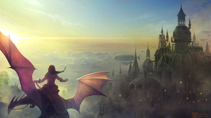 above_clouds aircraft airship armor black_hair building commentary_request dawn dirigible dome dragon facing_away fantasy fog from_behind gloves highres long_hair long_sleeves morning original outdoors outstretched_arms pointy_ears riding sachi_(yumemayoi) scenery signature sky solo sunrise twitter_username wide_shot