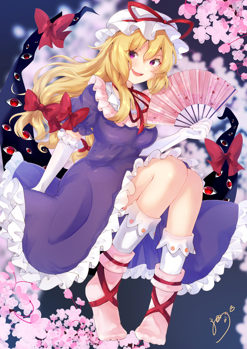 1girl :d absurdres bangs blonde_hair blush bow breasts cherry_blossoms choker commentary_request dress elbow_gloves eyebrows_visible_through_hair fan folding_fan frills gap gloves hair_between_eyes hair_bow hand_up hat hat_ribbon highres holding holding_fan kneehighs knees_up long_hair looking_at_viewer medium_breasts no_shoes open_mouth partial_commentary petticoat pink_legwear puffy_short_sleeves puffy_sleeves purple_dress purple_eyes red_bow red_choker red_ribbon ribbon ribbon_choker short_sleeves signature sitting smile socks solanikieru solo touhou white_gloves white_legwear yakumo_yukari