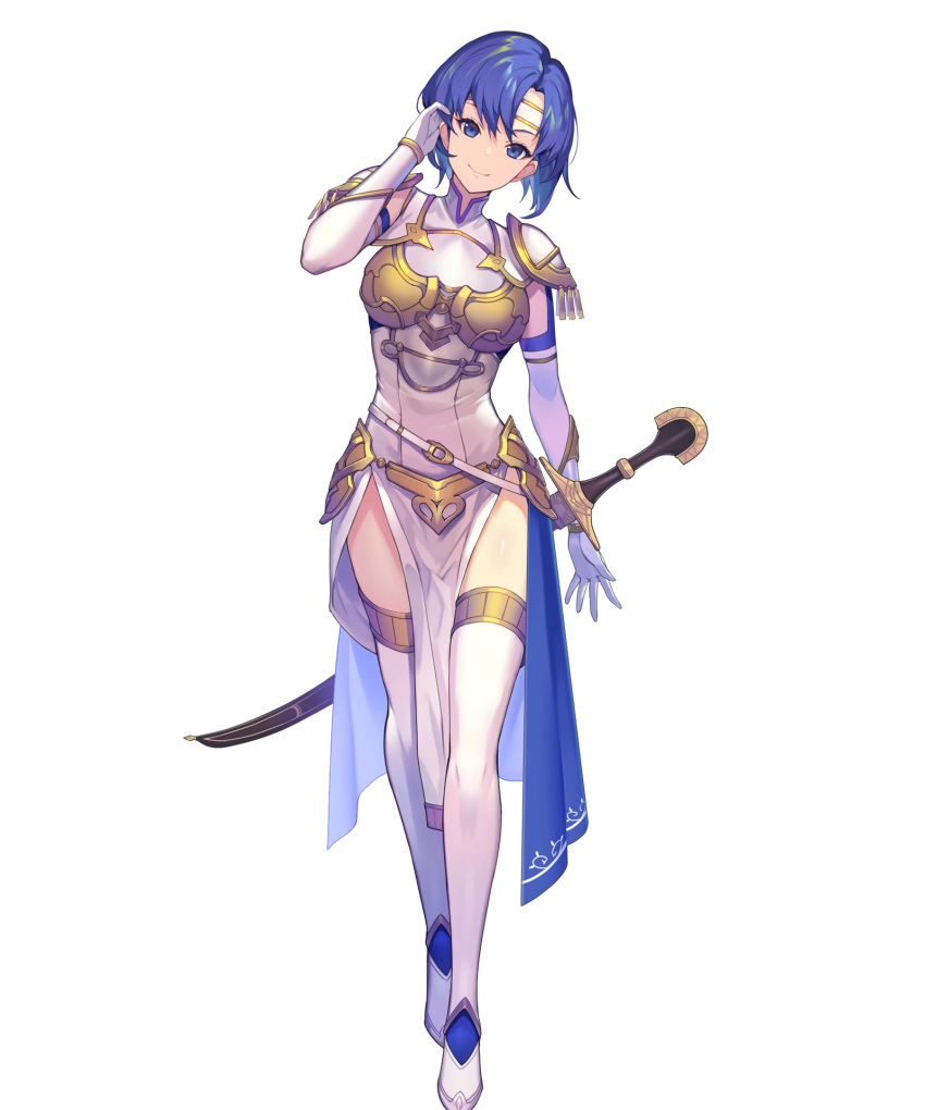 1girl arm_guards armor bangs belt blue_eyes blue_hair boots breastplate catria_(fire_emblem) closed_mouth dress elbow_gloves fire_emblem fire_emblem:_mystery_of_the_emblem fire_emblem_echoes:_shadows_of_valentia fire_emblem_heroes full_body gloves hand_up head_tilt headband highres kakage looking_at_viewer official_art shiny shiny_hair short_hair shoulder_pads sleeveless sleeveless_dress smile solo standing sword thigh_boots thighhighs transparent_background weapon white_dress white_footwear zettai_ryouiki