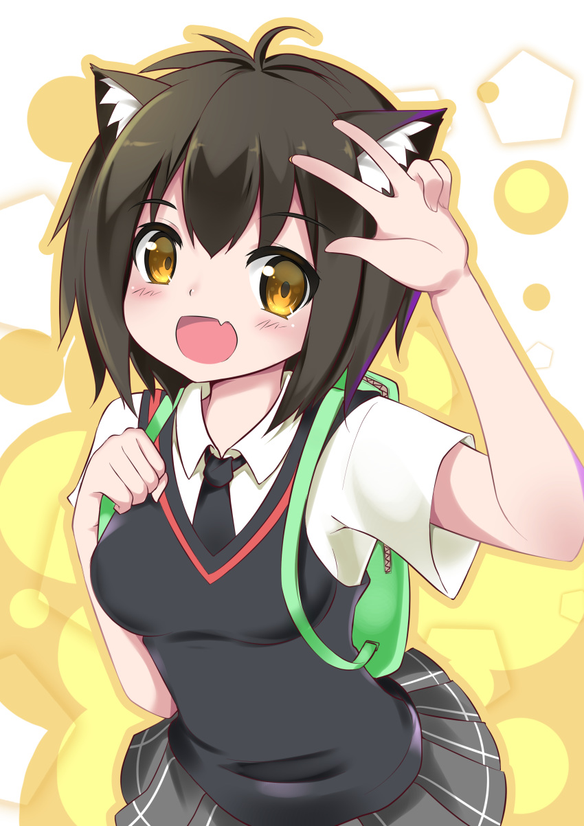 1girl :d absurdres ahoge animal_ear_fluff animal_ears backpack bag black_hair black_neckwear black_skirt black_vest cat_ears catstudioinc_(punepuni) commentary english_commentary eyebrows_visible_through_hair fang green_backpack highres kemonomimi_mode looking_at_viewer necktie open_mouth peni_parker pleated_skirt school_uniform shirt short_hair skirt smile solo spider-man:_into_the_spider-verse spider-man_(series) vest w white_shirt wing_collar yellow_eyes