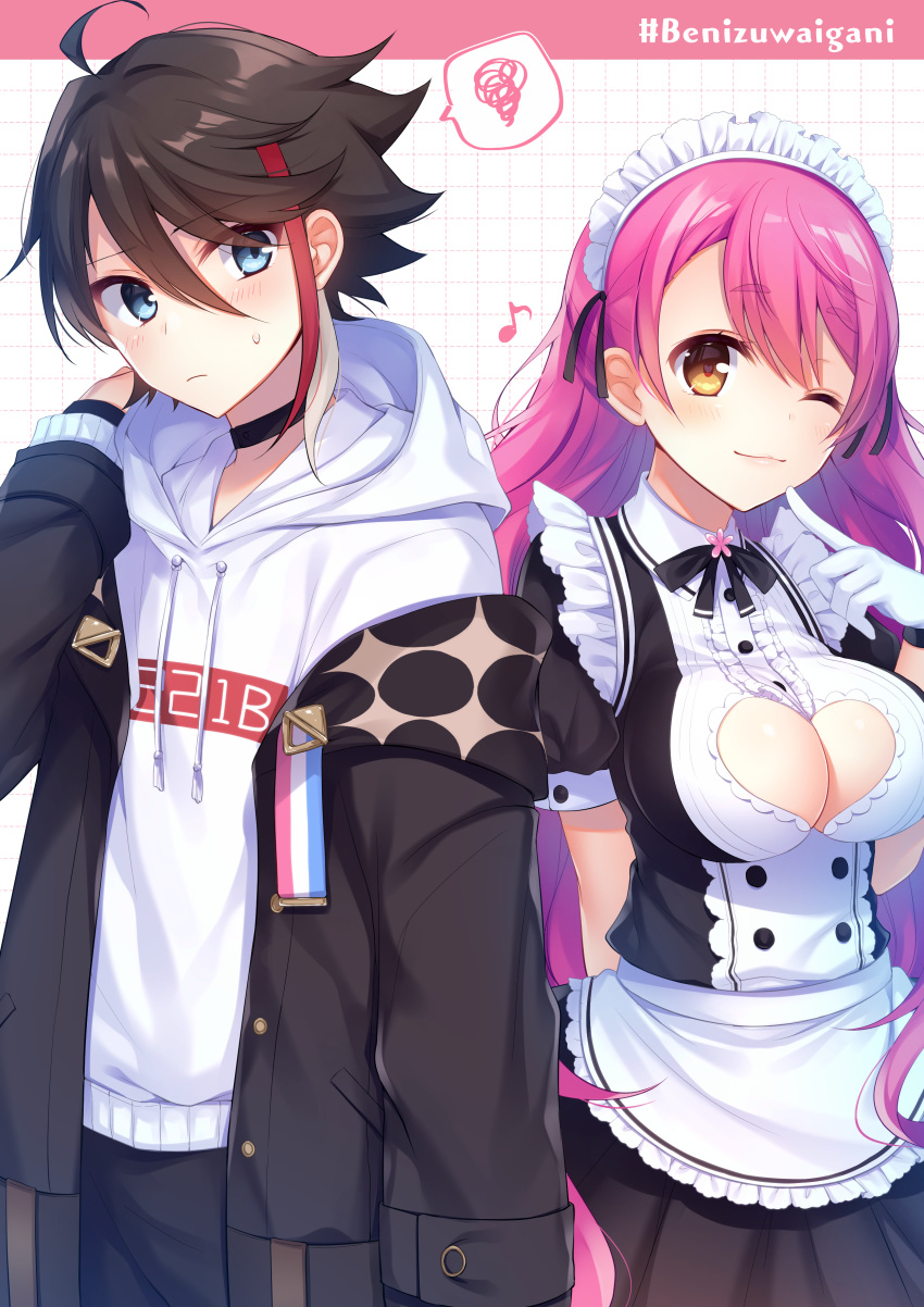 1boy 1girl absurdres aizono_manami apron bangs black_choker black_hair black_jacket black_pants blue_eyes blush breasts choker cleavage cleavage_cutout closed_mouth cowboy_shot eighth_note eyebrows_visible_through_hair frills gloves hand_behind_head heart heart-shaped_pupils highres jacket large_breasts long_hair long_sleeves looking_at_another maid_headdress multicolored_hair musical_note nijisanji one_eye_closed pants pink_hair puffy_short_sleeves puffy_sleeves red_hair saegusa_akina shirt short_eyebrows short_sleeves smile spoken_squiggle squiggle streaked_hair sweatdrop symbol-shaped_pupils thick_eyebrows very_long_hair virtual_youtuber waist_apron white_gloves white_shirt yellow_eyes ytuorvi