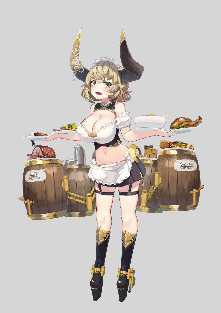 1girl :d apron bare_legs bare_shoulders barrel black_footwear black_skirt blonde_hair boots breasts cleavage commentary_request crop_top curled_horns detached_collar fang food frills full_body green_eyes heterochromia highres holding holding_tray knee_boots large_breasts looking_at_viewer maid maid_apron maid_headdress midriff miniskirt natori_youkai navel off_shoulder open_mouth original plate platform_footwear pleated_skirt puffy_short_sleeves puffy_sleeves short_hair short_sleeves skirt smile solo steak stomach tray turkey waist_apron yellow_eyes