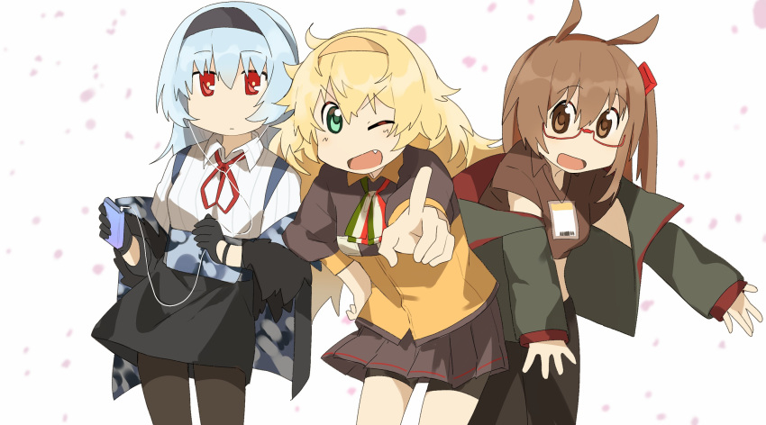 3girls :d animal_ears aogisa arawi_keiichi_(style) black_gloves blonde_hair blue_hair brown_eyes brown_hair camouflage digital_media_player earphones fang girls_frontline gloves green_eyes hairband highres hyadain_no_kakakata_kataomoi_-_c id_card ipod long_hair multiple_girls nichijou open_mouth pantyhose parody pleated_skirt red-framed_eyewear red_eyes s.a.t.8_(girls_frontline) shorts shorts_under_skirt skirt smile style_parody thunder_(girls_frontline) type_88_(girls_frontline) v-shaped_eyebrows white_background