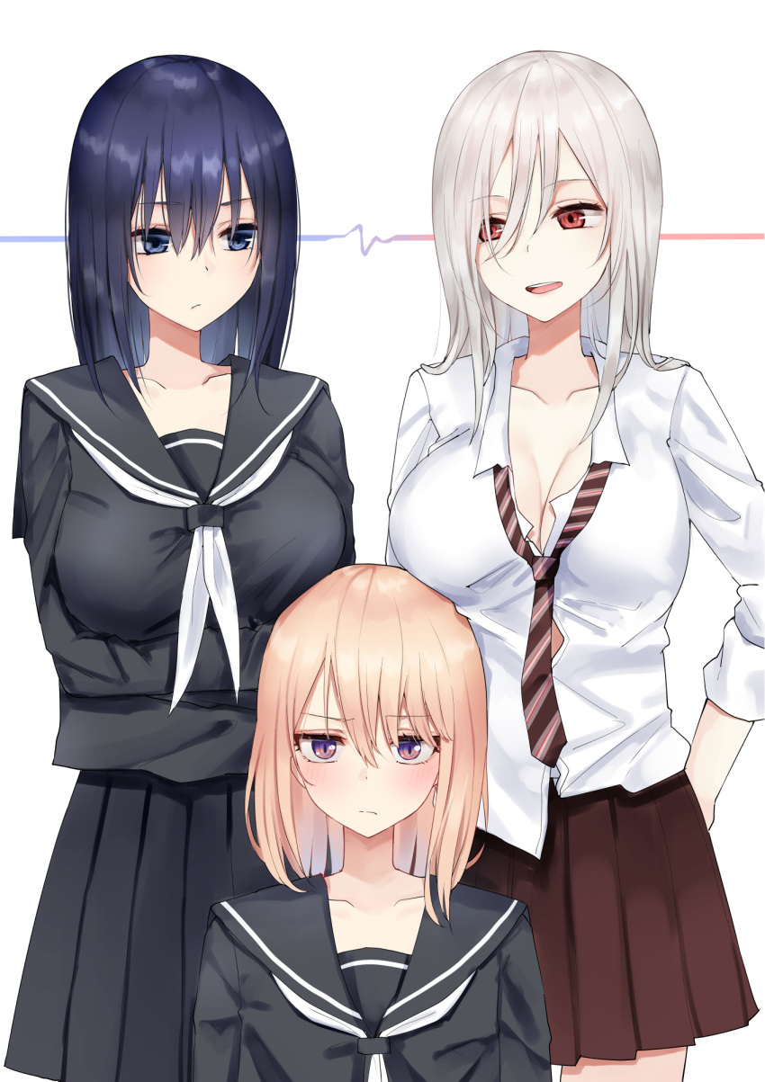 3girls :d arms_under_breasts bangs black_sailor_collar black_serafuku black_shirt black_skirt blue_eyes blue_hair breast_hold breasts brown_skirt cleavage closed_mouth collarbone collared_shirt commentary_request diagonal-striped_neckwear diagonal_stripes dress_shirt eyebrows_visible_through_hair grey_hair hair_between_eyes hand_on_hip highres long_hair long_sleeves loose_necktie medium_breasts multiple_girls neckerchief necktie open_mouth original piripun pleated_skirt purple_eyes red_eyes sailor_collar school_uniform serafuku shirt skirt smile striped striped_neckwear untucked_shirt upper_teeth white_background white_neckwear white_shirt yankee