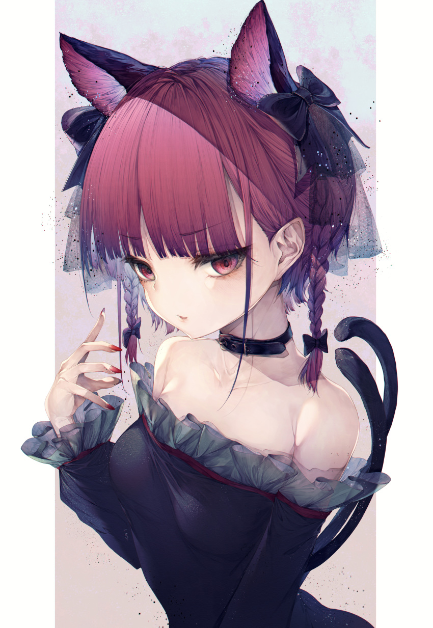 1girl absurdres animal_ears bangs bare_shoulders black_bow black_dress blush bow braid breasts cat_ears collar collarbone commentary_request dress extra_ears eyebrows_visible_through_hair frilled_dress frilled_sleeves frills hand_up highres hito_komoru huge_filesize kaenbyou_rin long_sleeves medium_hair multiple_tails nail_polish nekomata off-shoulder_dress off_shoulder red_eyes red_hair red_nails small_breasts solo tail touhou twin_braids two_tails upper_body