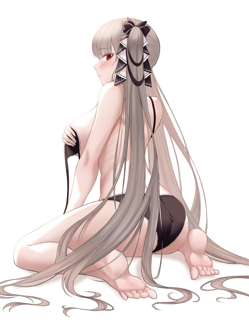 1girl absurdres ass azur_lane bangs bare_shoulders black_bra blush bra breasts closed_mouth covering covering_one_breast eyebrows_visible_through_hair feet formidable_(azur_lane) frilled_bra frills grey_hair hair_ribbon highres junkt729 large_breasts long_hair looking_at_viewer looking_back red_eyes ribbon ribs sideboob simple_background sitting soles solo swimsuit thighs toes twintails two-tone_ribbon underwear untied_bra very_long_hair wariza white_background