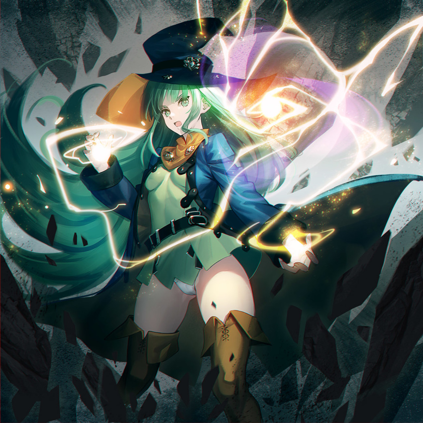 1girl bangs belt black_belt blue_coat boots breasts brown_footwear cameltoe coat contrapposto detached_collar dress energy_ball floating_rock green_dress green_eyes green_hair hat highres impossible_clothes impossible_dress long_hair long_sleeves looking_at_viewer loose_belt magic masou_shizuka medium_breasts microdress open_clothes open_coat open_mouth panties pantyshot pantyshot_(standing) rance_(series) rance_10 rock siino solo standing thigh_boots thighhighs underwear very_long_hair white_panties witch_hat