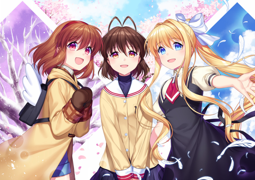 3girls :d air antenna_hair backpack bag bangs bare_tree beckoning black_dress blazer blonde_hair blue_eyes bow brown_eyes brown_hair clannad cloud coat company_connection cowboy_shot cravat cross crossover dress furukawa_nagisa hair_bow hair_intakes hair_ribbon hairband highres hikarizaka_private_high_school_uniform holding_strap jacket jenevan kamio_misuzu kanon long_hair long_sleeves looking_at_viewer mittens multiple_crossover multiple_girls open_hand open_mouth outstretched_arm pinafore_dress plaid pleated_skirt ponytail puffy_short_sleeves puffy_sleeves red_eyes red_hairband red_neckwear ribbon school_uniform seasons short_hair short_sleeves sidelocks skirt sky smile snow spring_(season) summer tree tsukimiya_ayu turtleneck v_arms very_long_hair white_bow winged_backpack winter