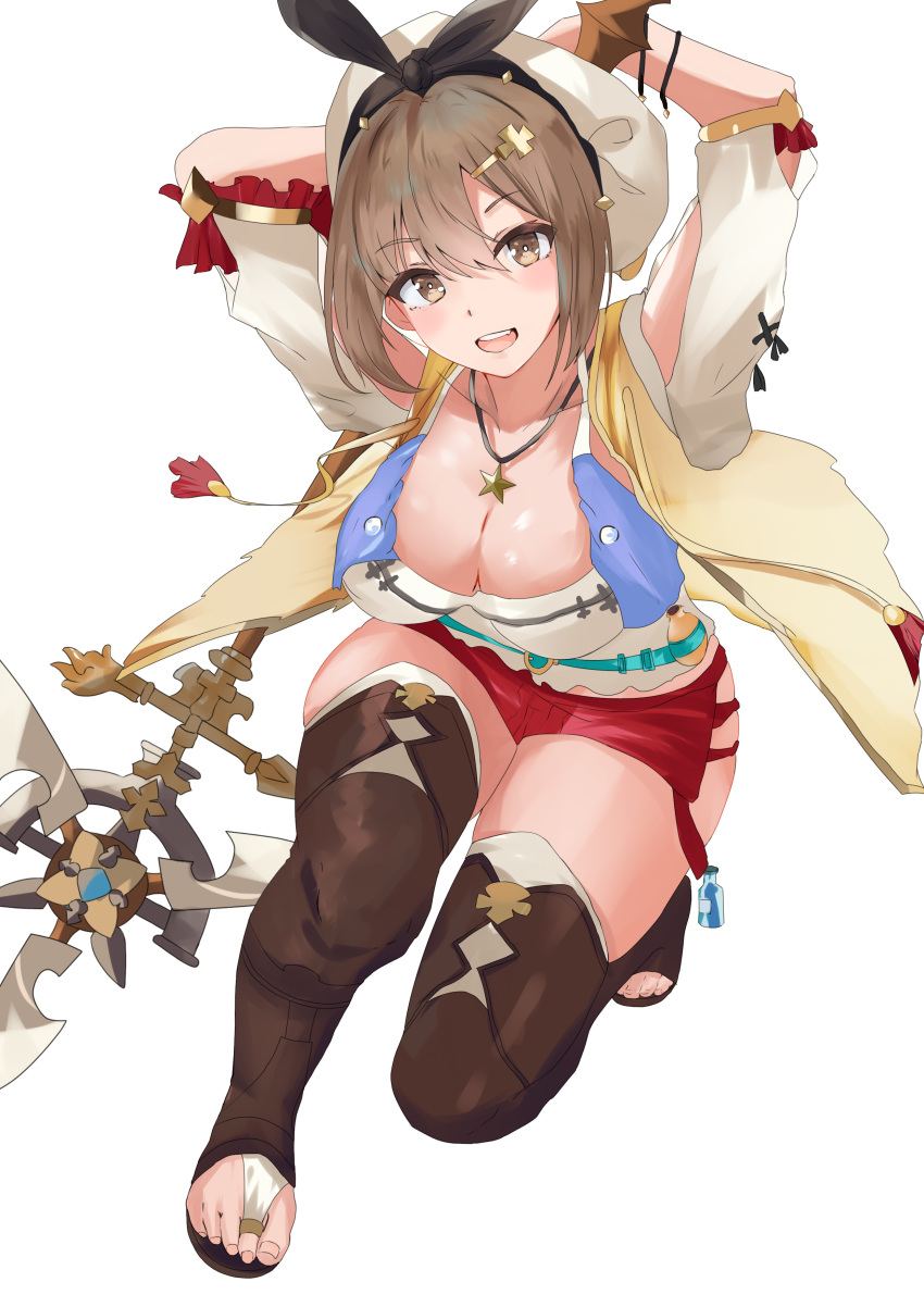 1girl absurdres atelier_(series) atelier_ryza belt blue_belt blush boots breasts bridal_legwear brown_belt brown_eyes brown_hair cleavage eyebrows_visible_through_hair hair_between_eyes hair_ornament hairclip hat highres jacket jewelry large_breasts leather_belt looking_at_viewer musicatopos necklace open_mouth open_toe_shoes red_shorts reisalin_stout round-bottom_flask short_hair short_shorts shorts sleeveless sleeveless_jacket smile solo star star_necklace thick_thighs thighhighs thighs toe_ring toeless_boots white_headwear yellow_jacket