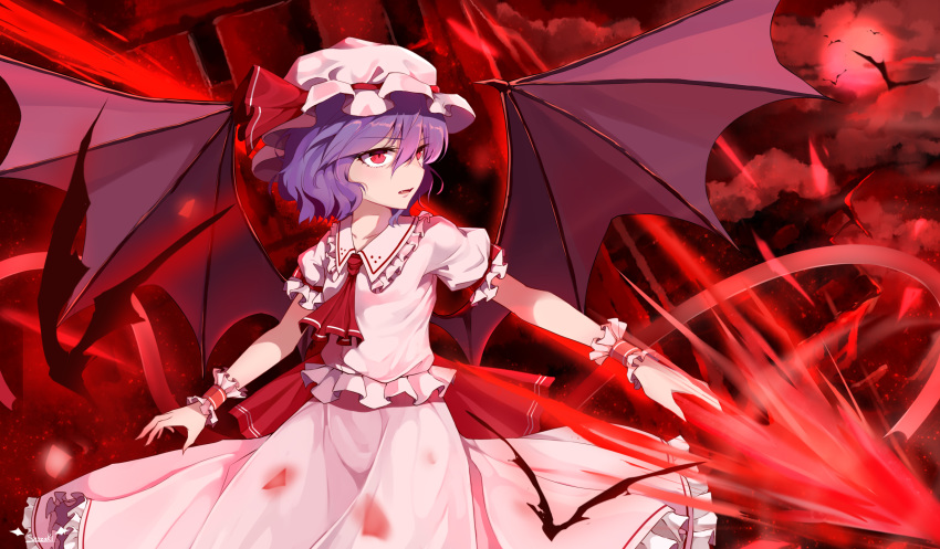 1girl animal ascot bat bat_wings cloud collared_shirt commentary_request eyebrows_visible_through_hair fang fingernails frilled_shirt frilled_shirt_collar frilled_skirt frilled_sleeves frills full_moon hat hat_ribbon highres holding holding_weapon long_fingernails looking_to_the_side mob_cap moon open_mouth pink_headwear pink_shirt pink_skirt puffy_short_sleeves puffy_sleeves purple_hair red_hair red_moon red_neckwear red_ribbon remilia_scarlet ribbon shirt short_hair short_sleeves signature skirt skirt_set snozaki solo spear_the_gungnir spread_wings touhou weapon wings wrist_cuffs